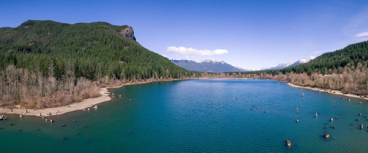 Aerial Panorama of Rattlesnake Lake with Ledge and Mt Si Background