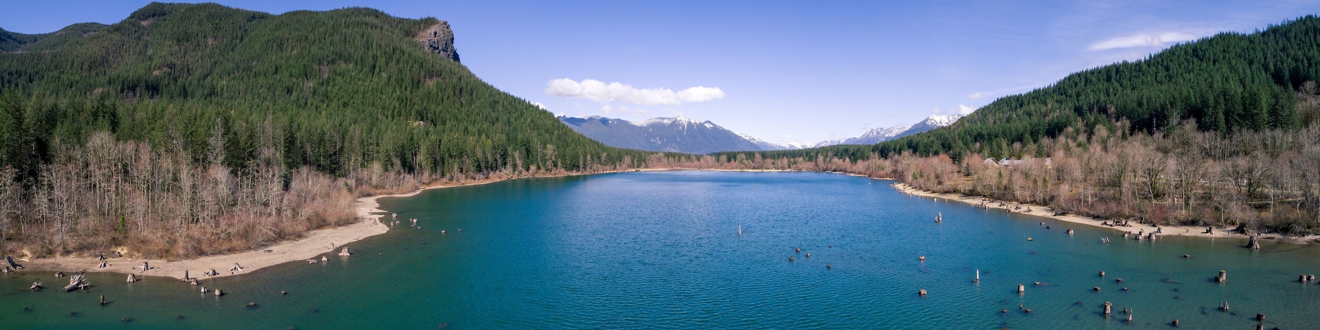 Aerial Panorama of Rattlesnake Lake with Ledge and Mt Si Background