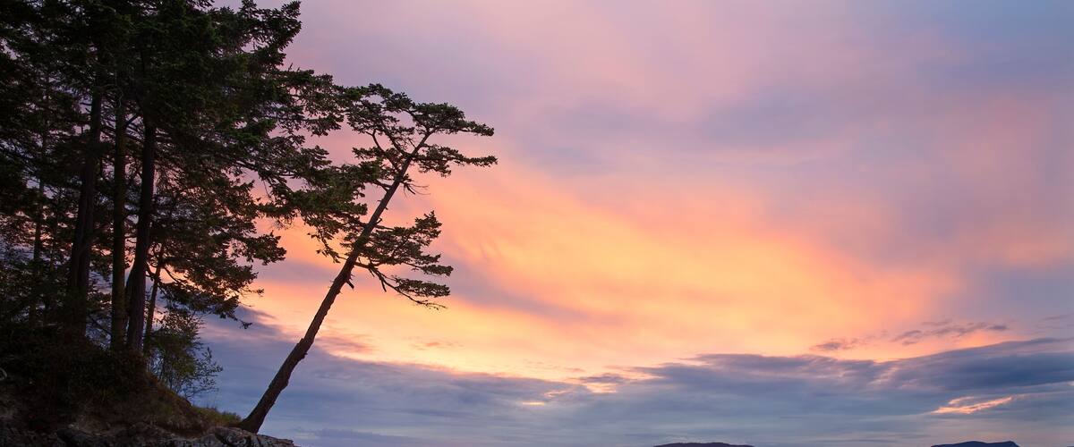 Peaceful and colorful sunset over the Salish Sea near Anacortes, Washington. San Juan Islands