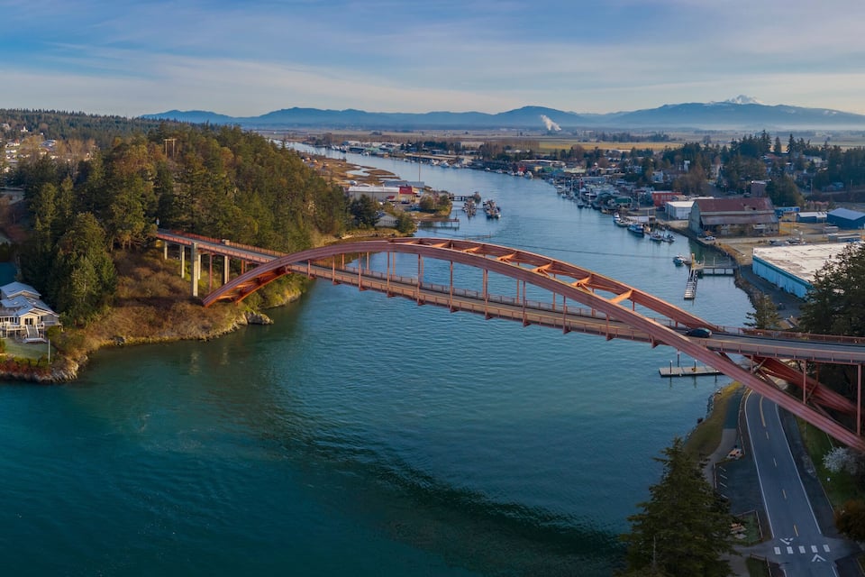 A river with a bridge, houses, and a forested area.