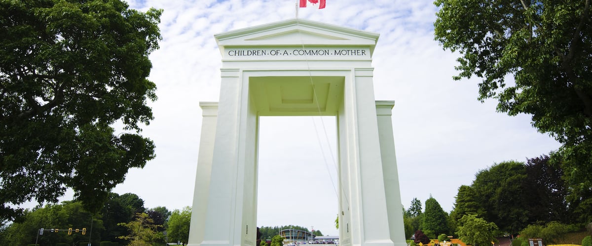 Peace Arch Park at United States and Canada border between the communities of Blaine, Washington and Surrey, British Columbia.