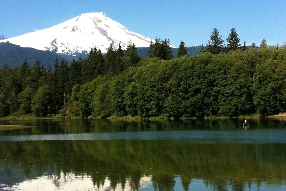 A lake with a reflection of a snow-capped mountain and dense forest.