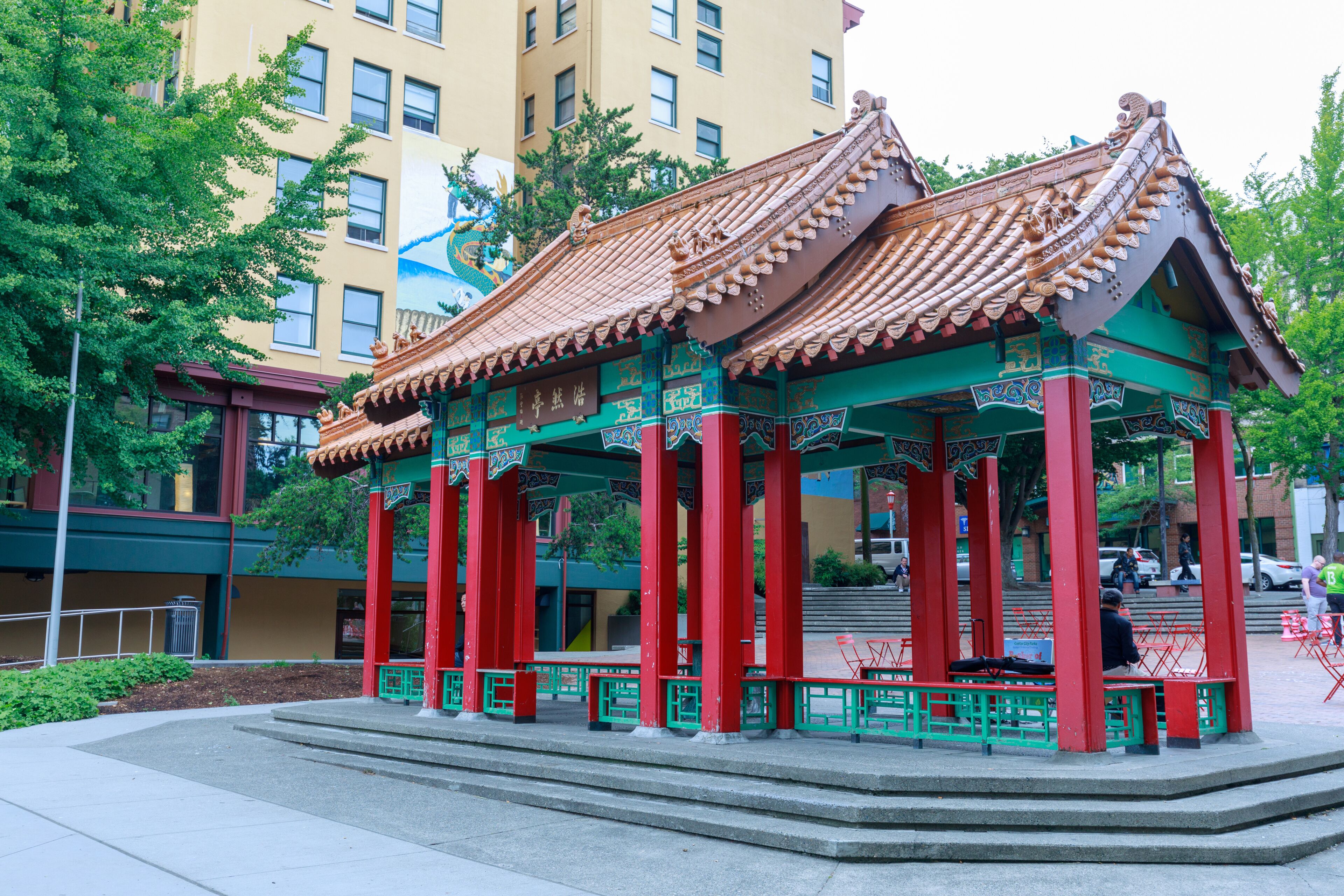 View of Hing Hay Park with pavilion built in Seattle Chinatown