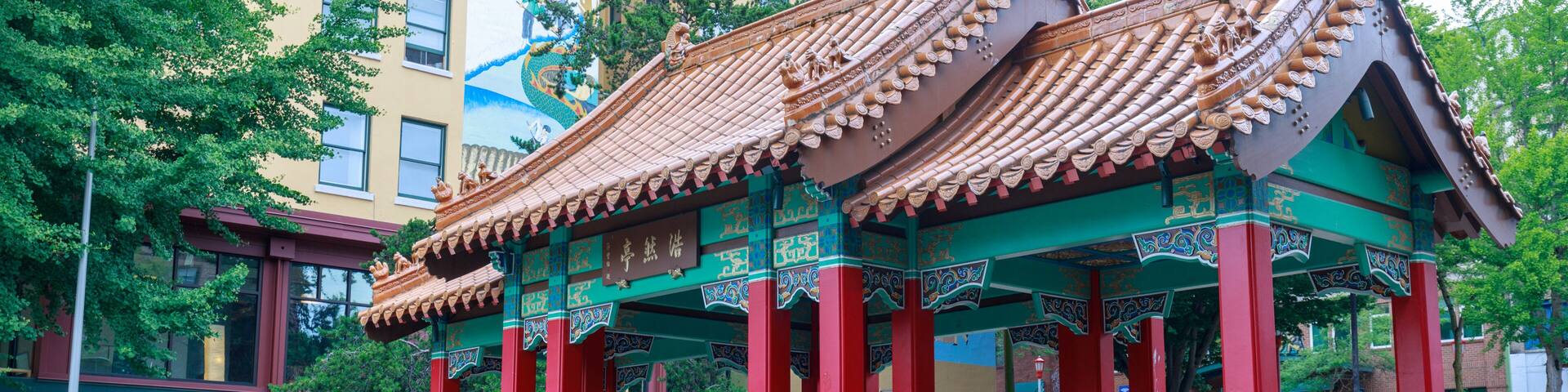 View of Hing Hay Park with pavilion built in Seattle Chinatown