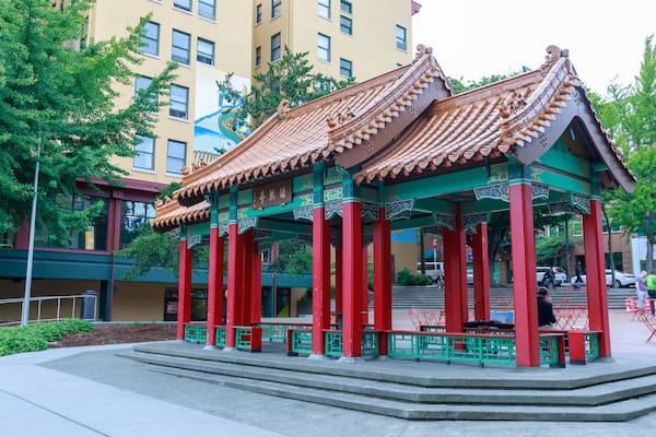 View of Hing Hay Park with pavilion built in Seattle Chinatown