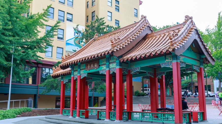 View of Hing Hay Park with pavilion built in Seattle Chinatown