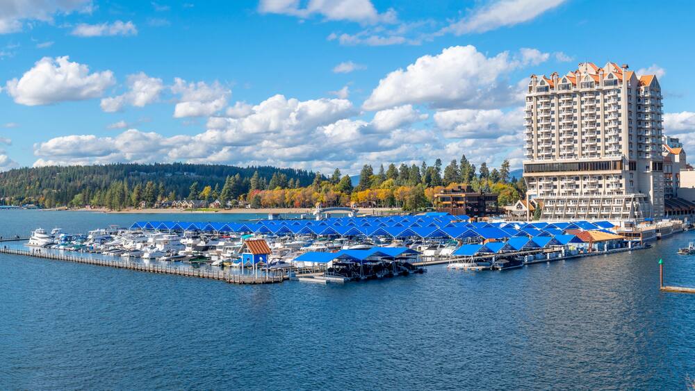 A marina with boats, a large building, and a forested hillside.