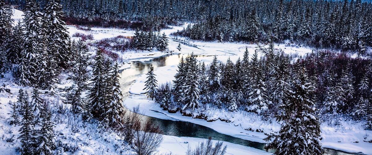 Beautiful winter landscape of the Columbia River valley from a viewpoint; Fairmont Hot Springs, British Columbia, Canada