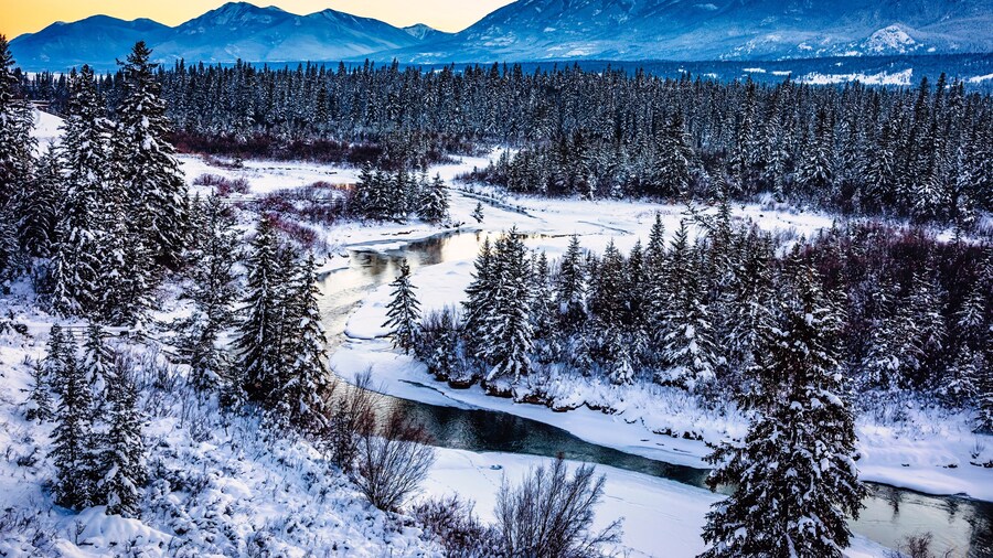 Beautiful winter landscape of the Columbia River valley from a viewpoint; Fairmont Hot Springs, British Columbia, Canada