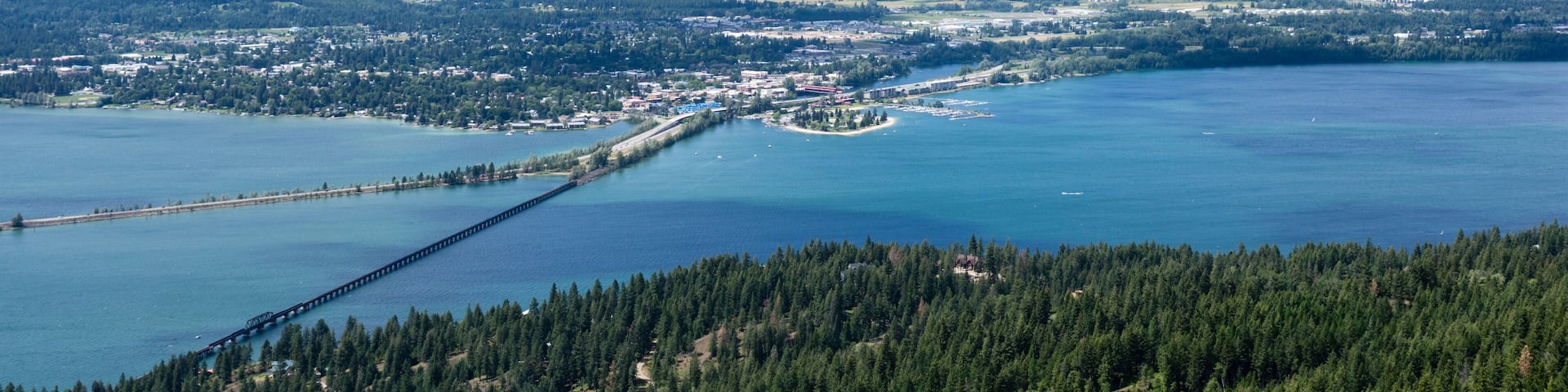 View of Lake Pend Oreille and the town of Sandpoint, Idaho, from the top of the mountain; Shutterstock ID 611065667