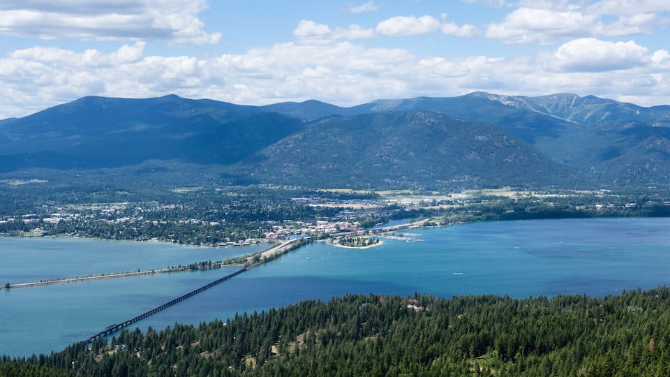 A coastal town with a pier extending into a large body of water, surrounded by mountains and dense forests.