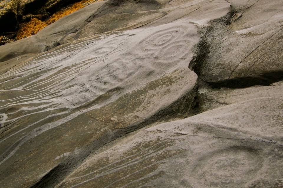 A rocky shoreline with tide marks and a distant view of a body of water.