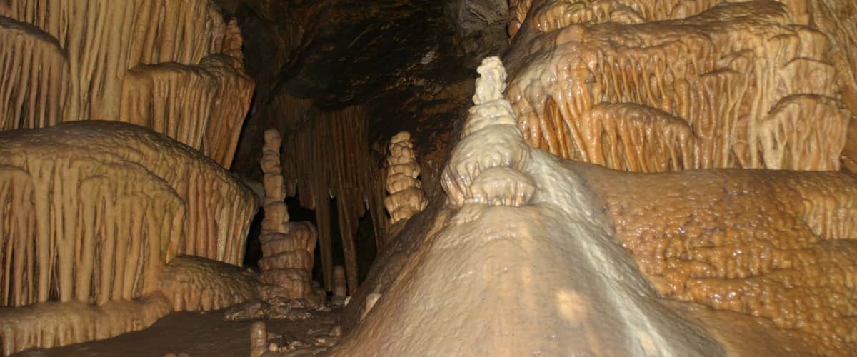 A cave with stalactites and stalagmites.
