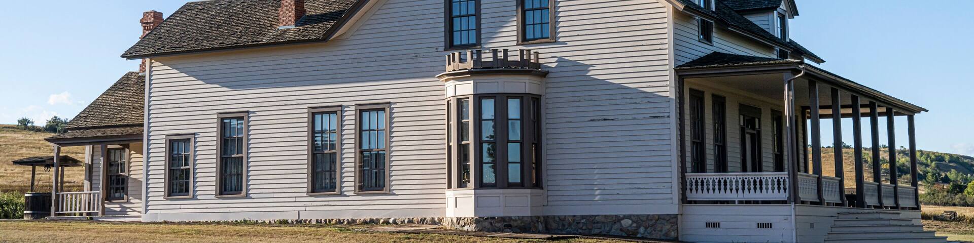 Abraham Lincoln State Park, Mandan North Dakota, barracks, Mandan On-A-Slant Indian Village, and reconstructed military buildings including the Custer House.