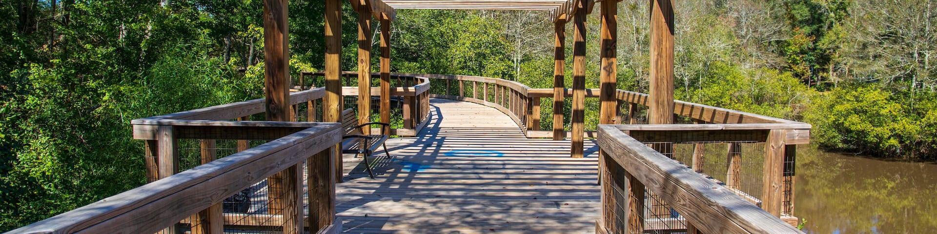 a long winding brown wooden bridge with a pergola over the Sandy Run Creek surrounded by lush green trees and plants with a gorgeous clear blue sky at The Walk at Sandy Run in Warner Robins Georgia