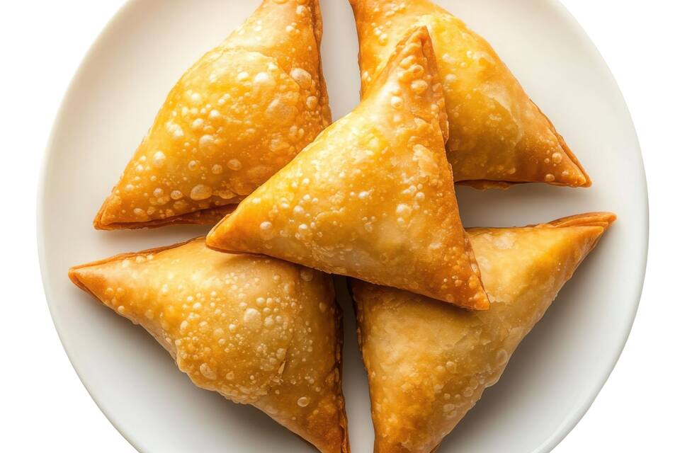 A plate of golden-brown samosas with a crispy texture.