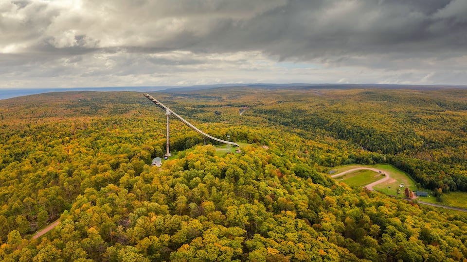 A cable car system in a forested valley with autumn foliage.