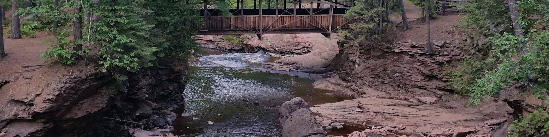 A wooden bridge over a stream in a forested area.