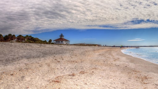 A sandy beach with a lighthouse and palm trees.
