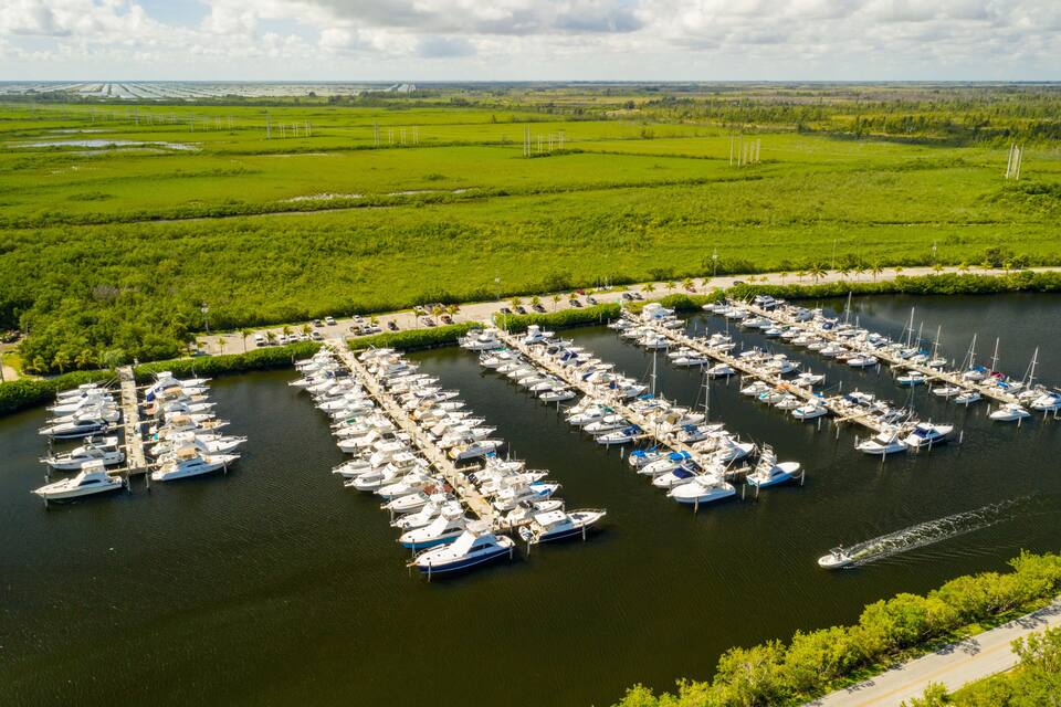 A marina with numerous boats docked in a green landscape.