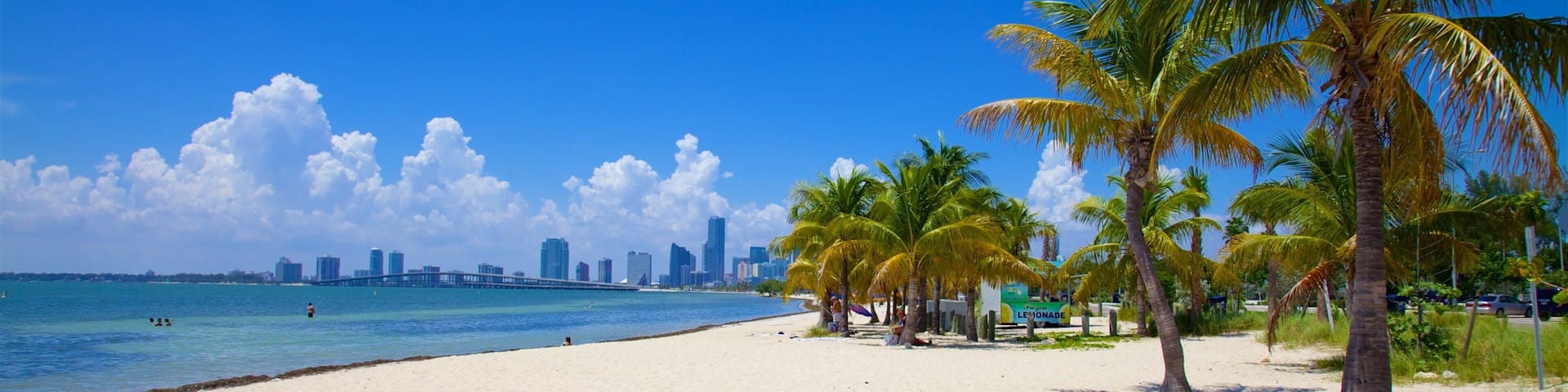 Virginia Key Beach Park showing tropical scenes, a beach and a city