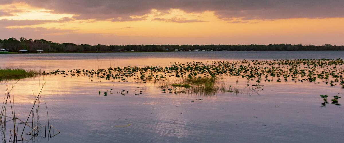 sunset over Lake Josephine on a cloudy evening