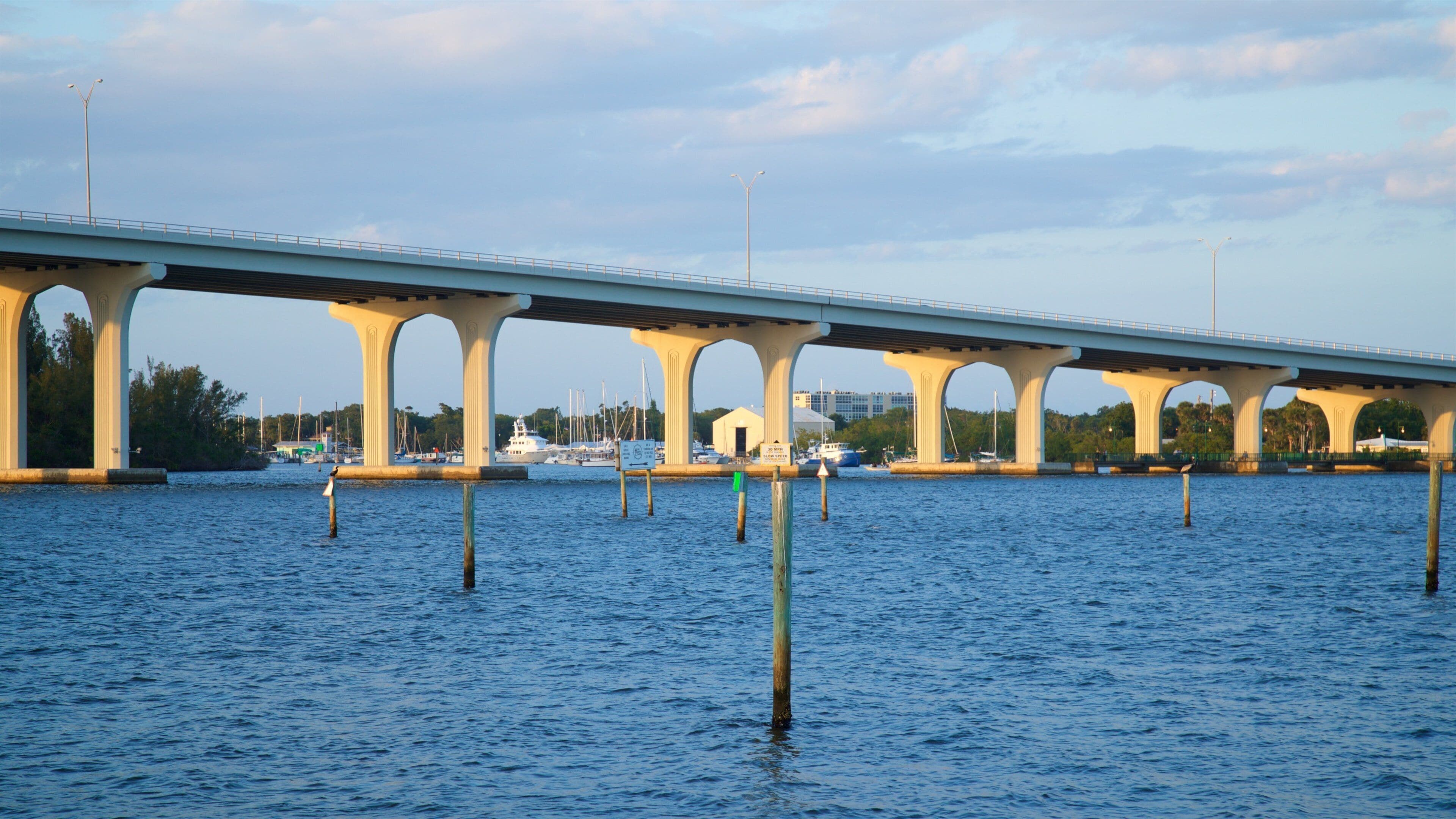 Royal Palm Pointe Park featuring a river or creek and a bridge