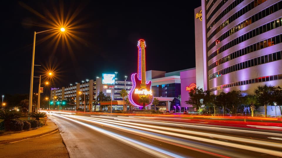 Hard Rock Casino Biloxi which includes night scenes and signage