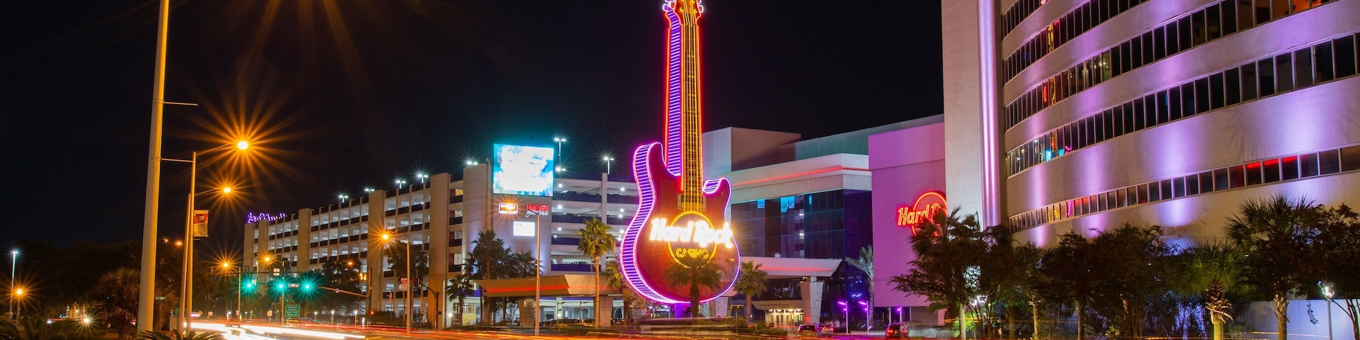 Hard Rock Casino Biloxi which includes night scenes and signage