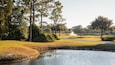 Un parcours de golf avec un étang, des arbres et une fontaine.