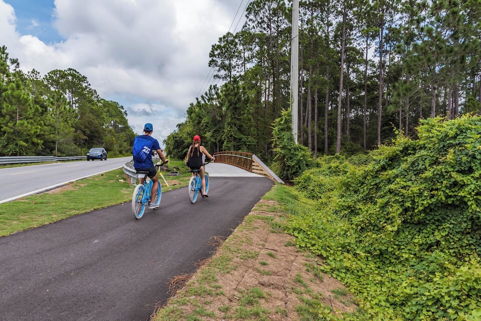 A paved path with cyclists, surrounded by greenery and trees.
