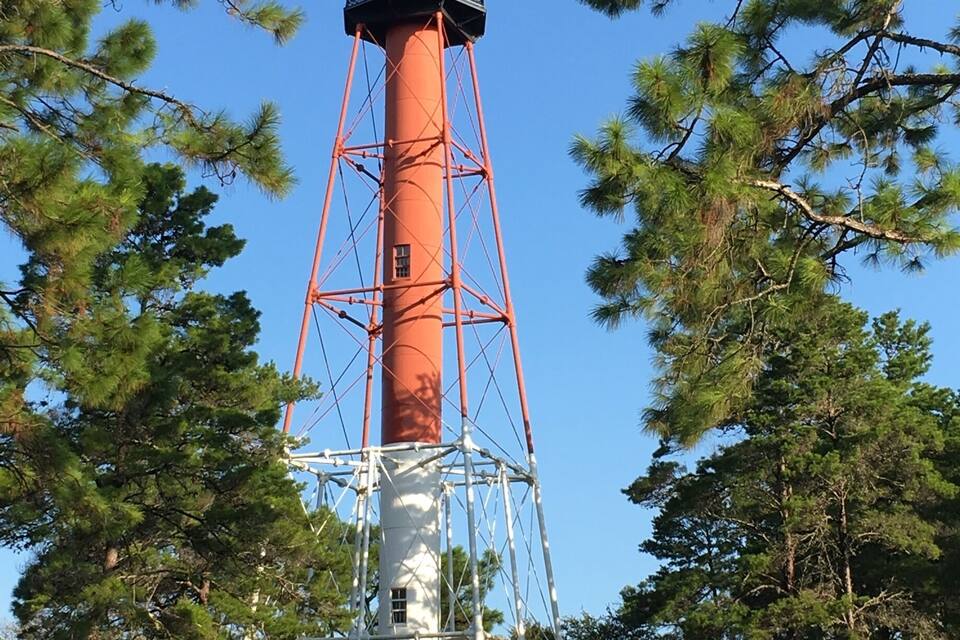 A tall red and white lighthouse surrounded by pine trees.