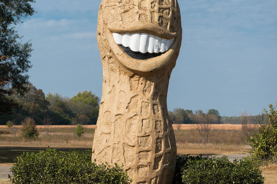 Una gran escultura de cacauet amb cares rialloses en un camp verdós, amb arbustos i arbres al fons.