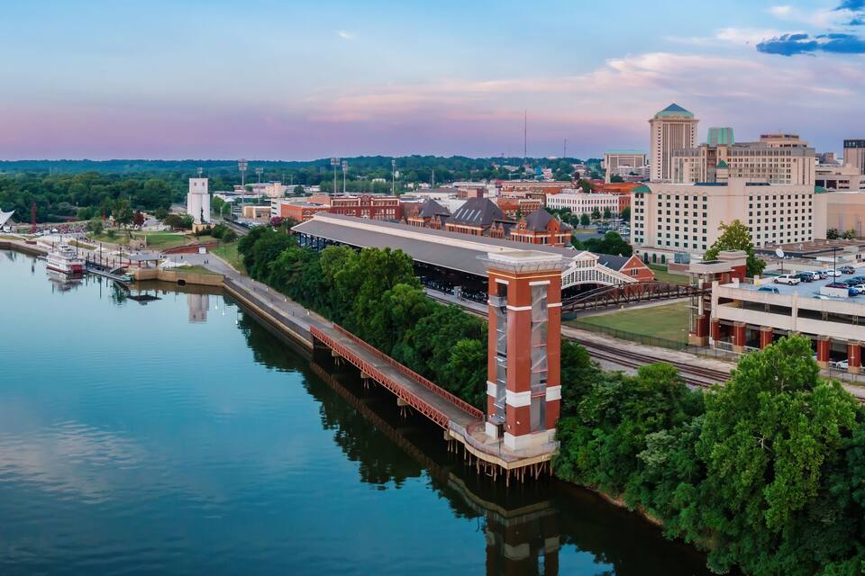 A river with a bridge, a tower, and a cityscape with buildings and greenery.