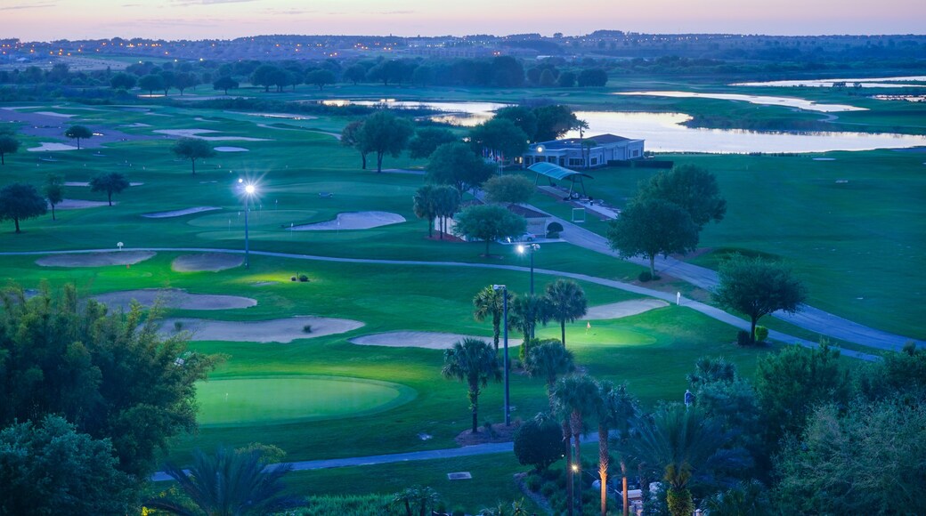 Aerial view of a golf course at sun set