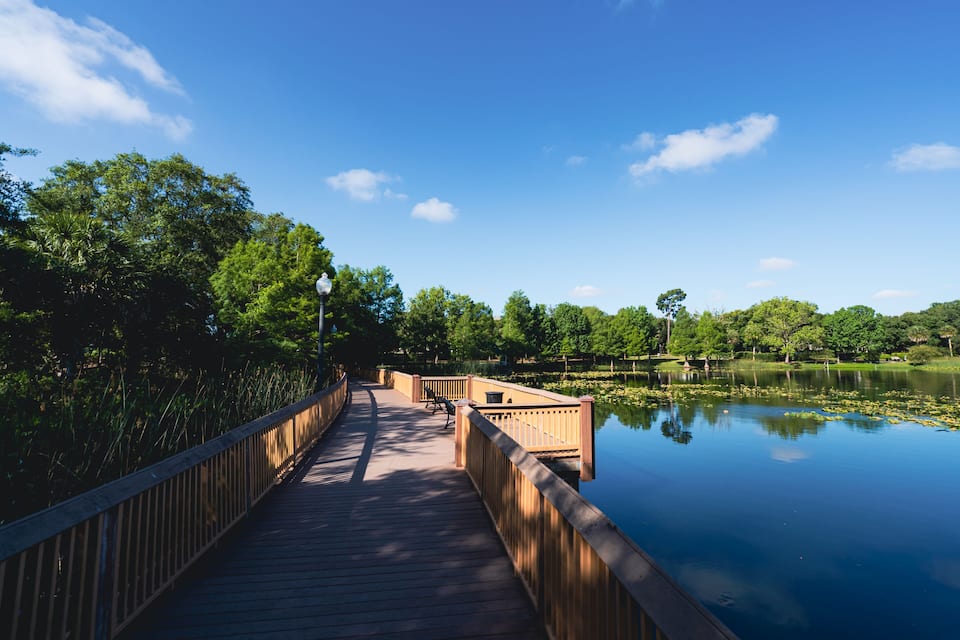 A wooden boardwalk over a calm lake with trees and a clear sky.