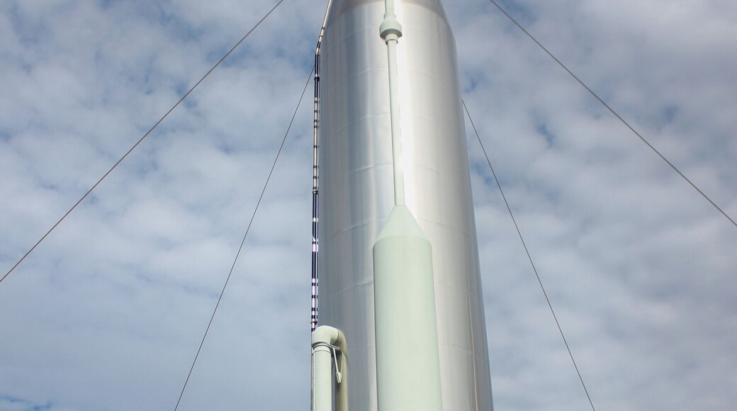 Rocket garden at Kennedy Space Center visitor complex. Sign for rocket launch visible