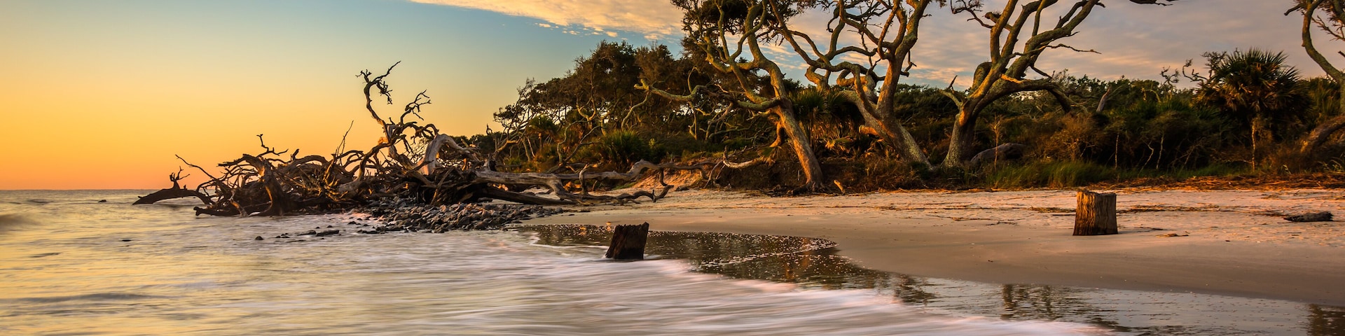 Morning light and waves at Driftwood Beach, on the Atlantic Ocea