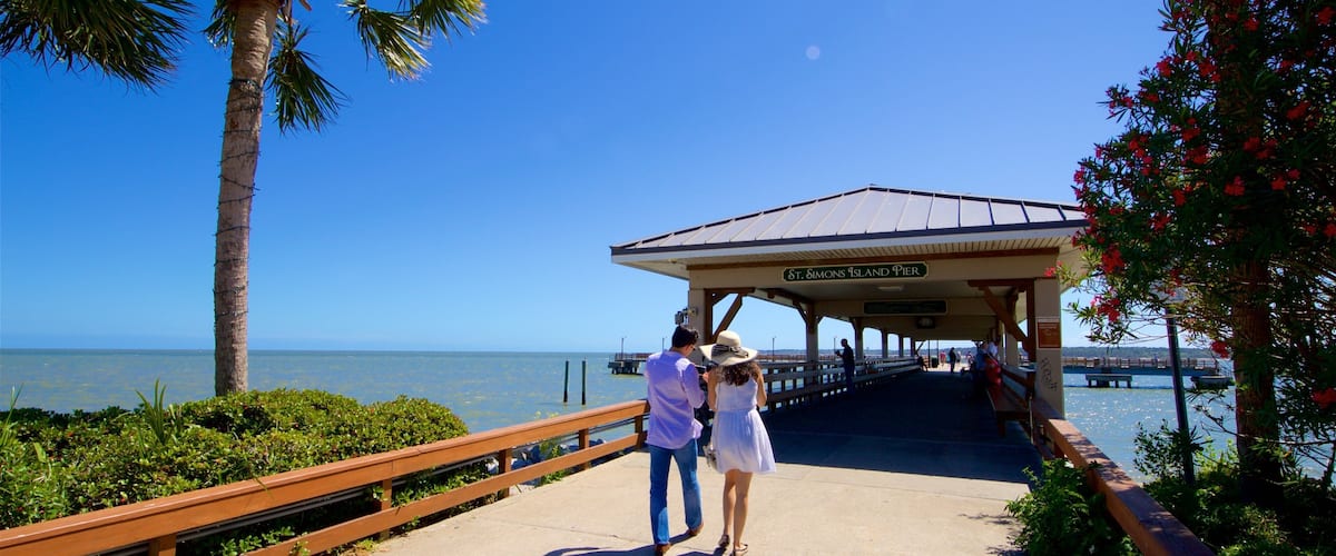 St. Simons Island Pier que incluye vistas generales de la costa y también una pareja
