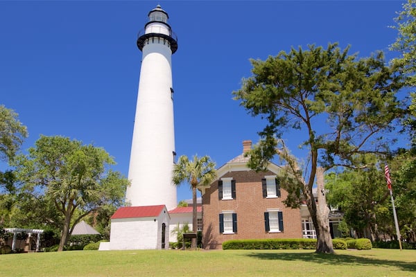 St. Simons Lighthouse Museum mostrando un jardín y un faro
