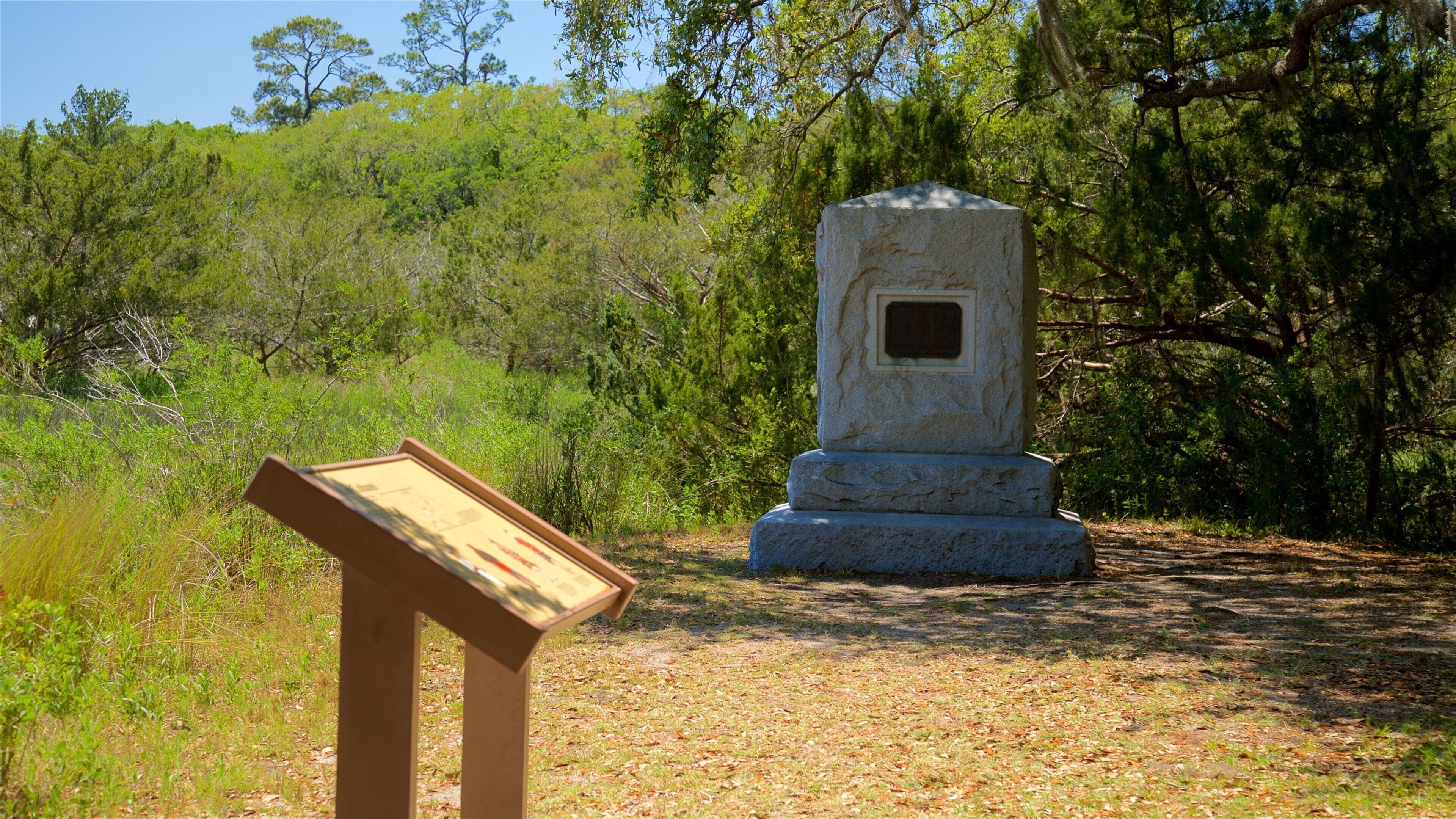 Bloody Marsh Battle Site showing heritage elements, signage and a park