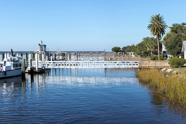 Panoramic view of the waterfront in historic downtown St Marys, Georgia.