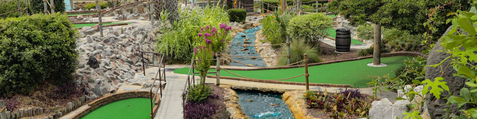 A miniature golf course with a water hazard, green artificial turf, and various plants and trees.