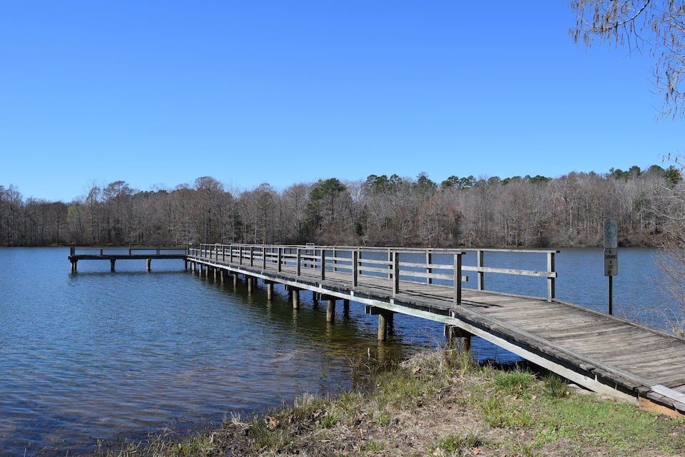 A wooden pier extending into a calm lake, surrounded by trees and a clear blue sky.