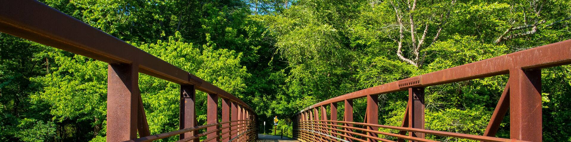 a long metal rust colored bridge over the silky brown waters of Little River surrounded by lush green trees, grass and plants with blue sky and clouds at Olde Rope Mill Park in Woodstock Georgia