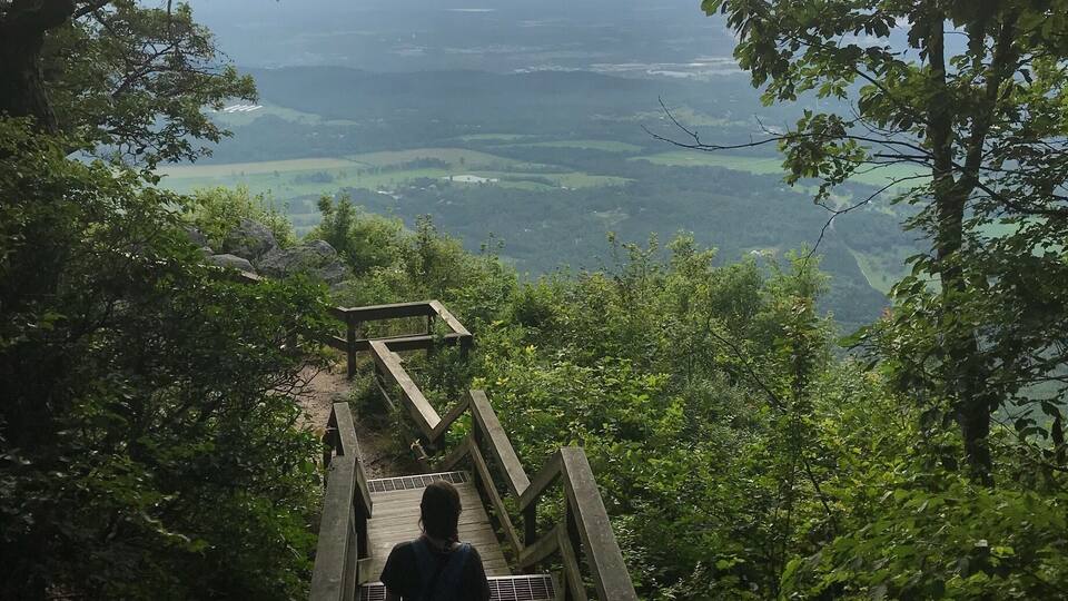 A wooden staircase leading to a scenic overlook with a view of distant landscapes.