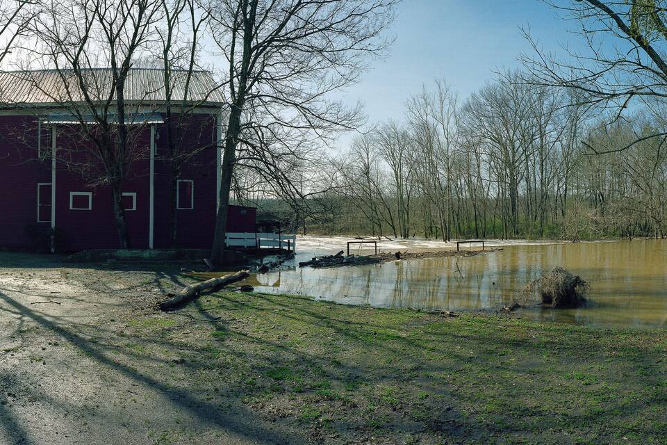 A rustic building with a metal roof, surrounded by bare trees and a flooded area.