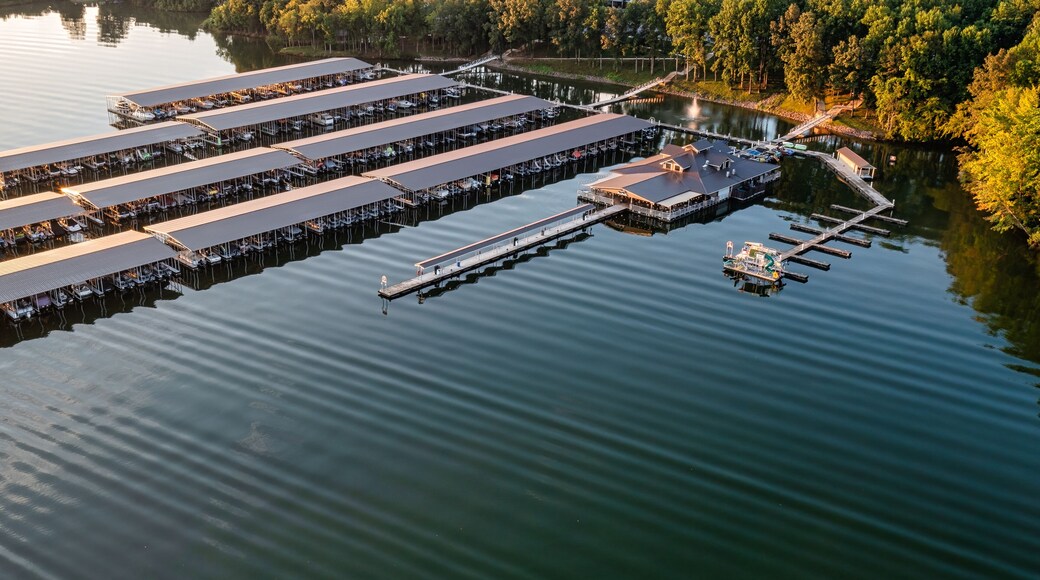 Aerial drone view of a lake marina with boats storage on Tims Ford lake in Winchester Tennessee