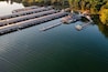 Aerial drone view of a lake marina with boats storage on Tims Ford lake in Winchester Tennessee