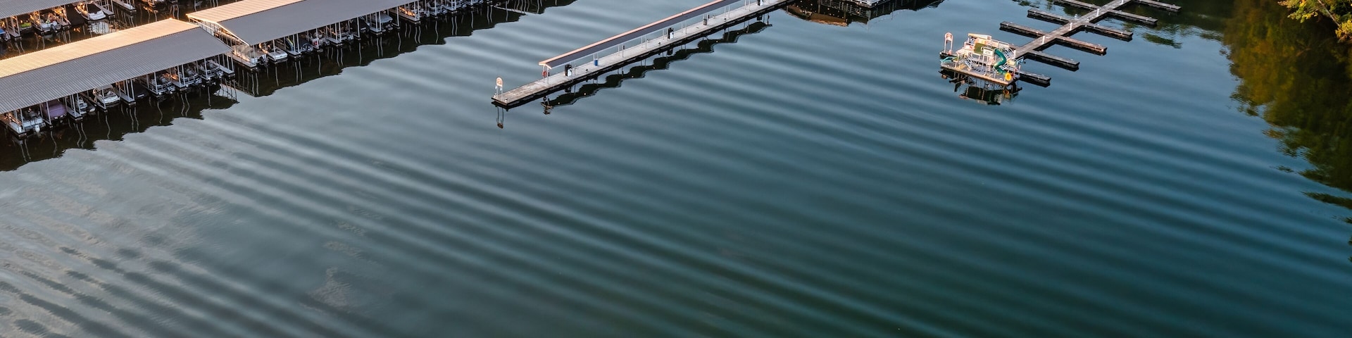 Aerial drone view of a lake marina with boats storage on Tims Ford lake in Winchester Tennessee